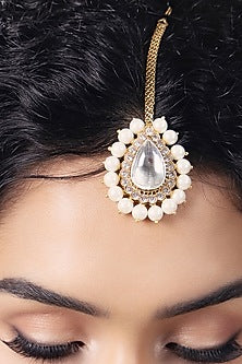 Gold Finish Kundan Polki & Pearl Maangtikka
