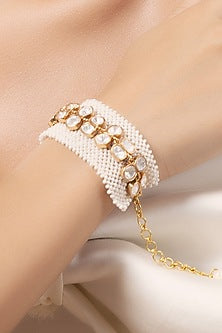 Gold Finish Kundan Polki & Pearl Bracelet