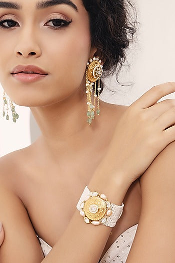 Gold Finish Kundan Polki & Pearl Bracelet
