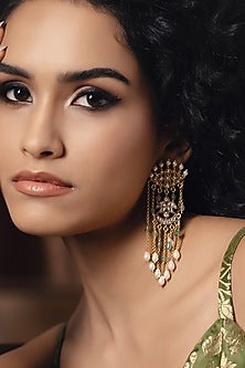 Gold Finish Kundan Polki & Pearl Dangler Earrings