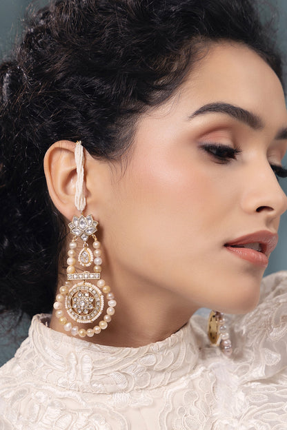 Gold Finish Kundan Polki & Pearl Dangler Earrings