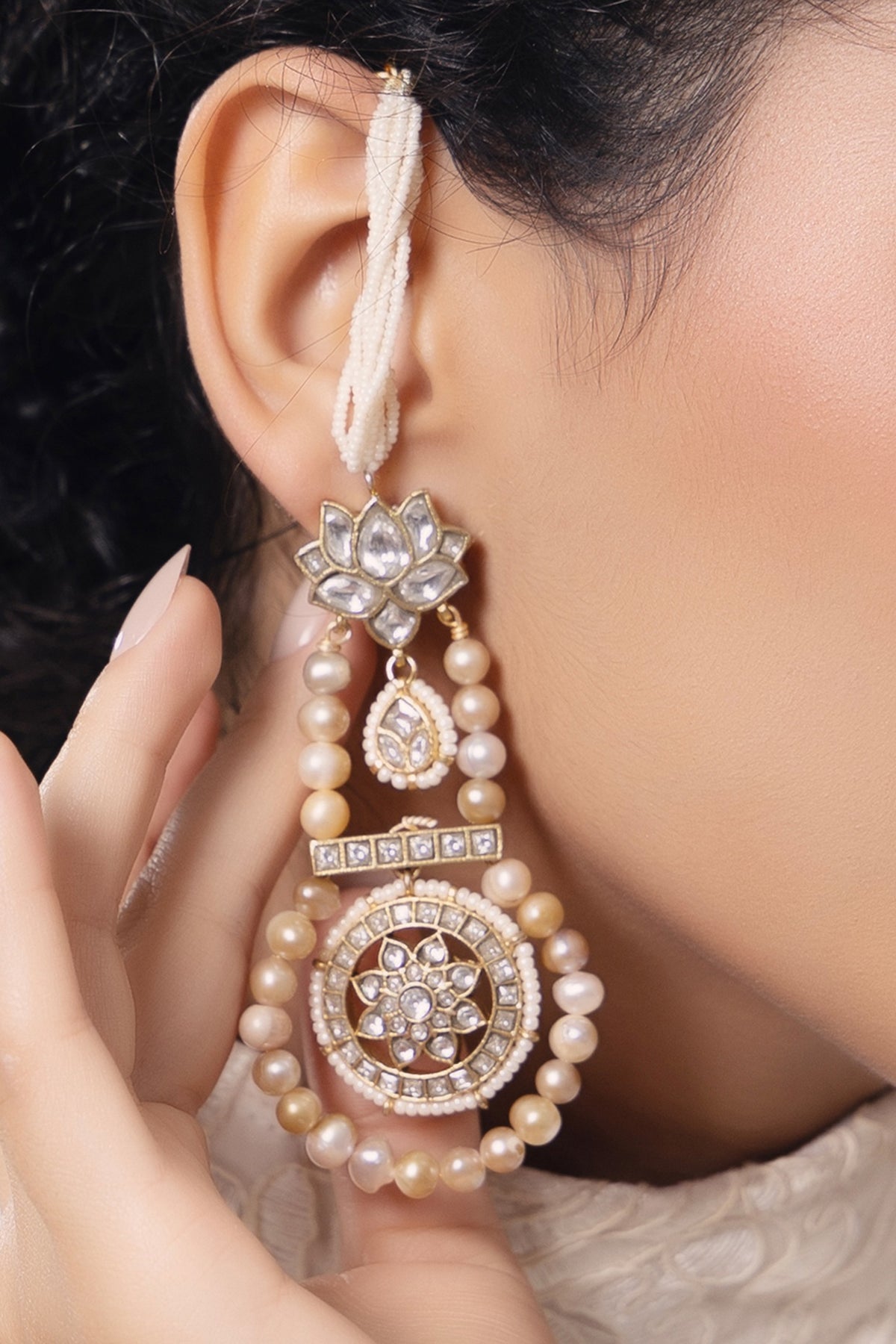 Gold Finish Kundan Polki & Pearl Dangler Earrings