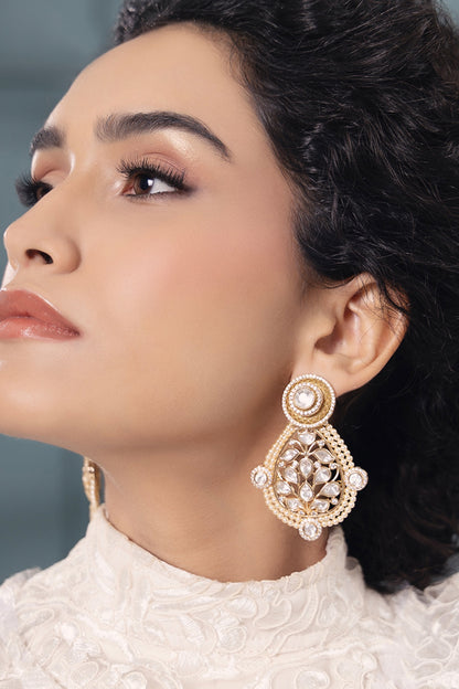 Gold Finish Kundan Polki & Pearl Dangler Earrings