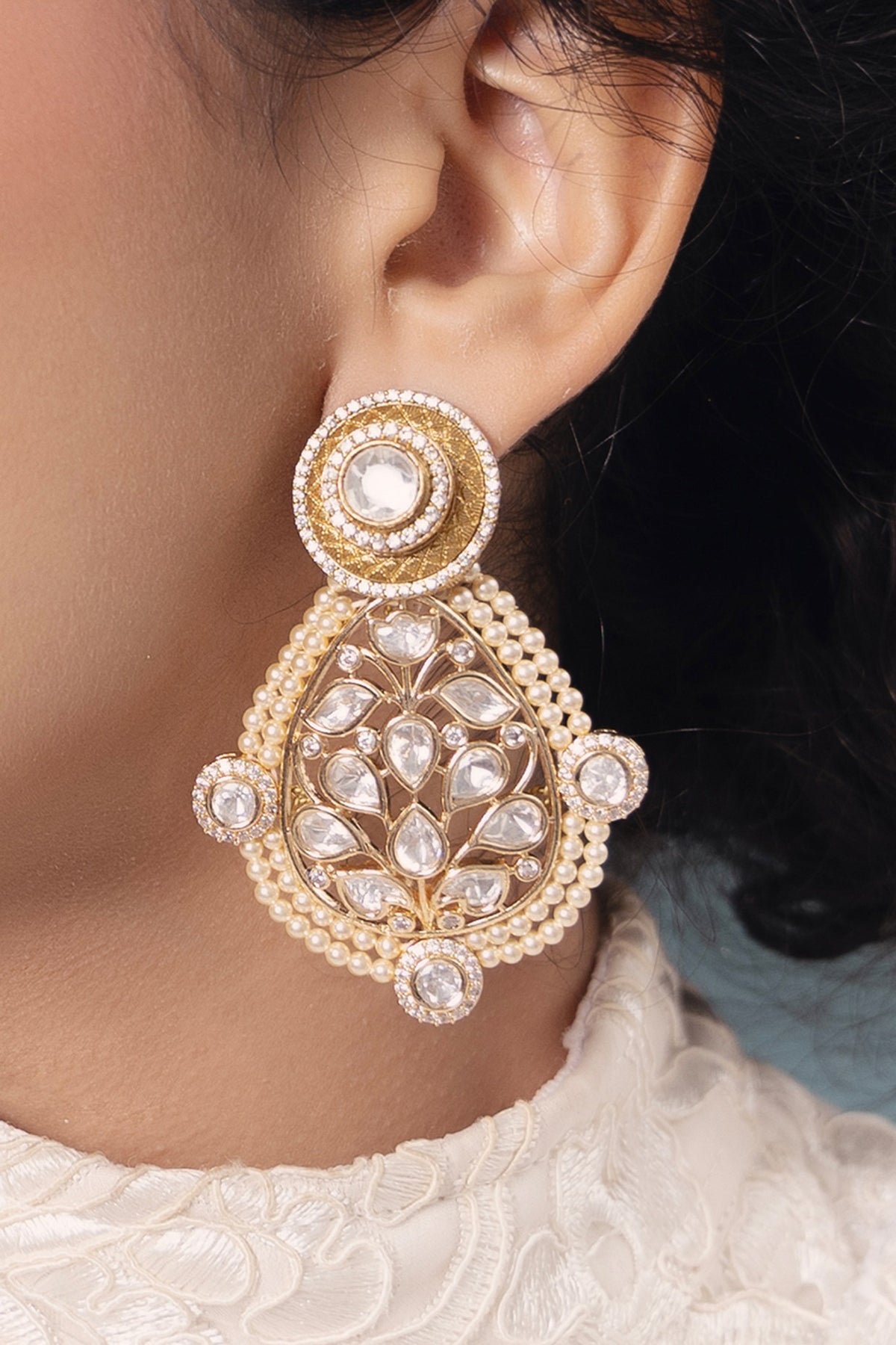 Gold Finish Kundan Polki & Pearl Dangler Earrings