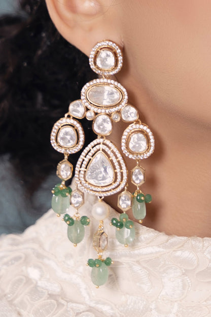 Gold Finish Kundan Polki & Pearl Dangler Earrings