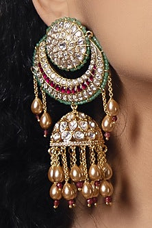 Gold Finish Kundan Polki & Pearl Chandbali Earrings