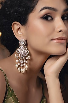 Gold Finish Kundan Polki & Pearl Dangler Earrings