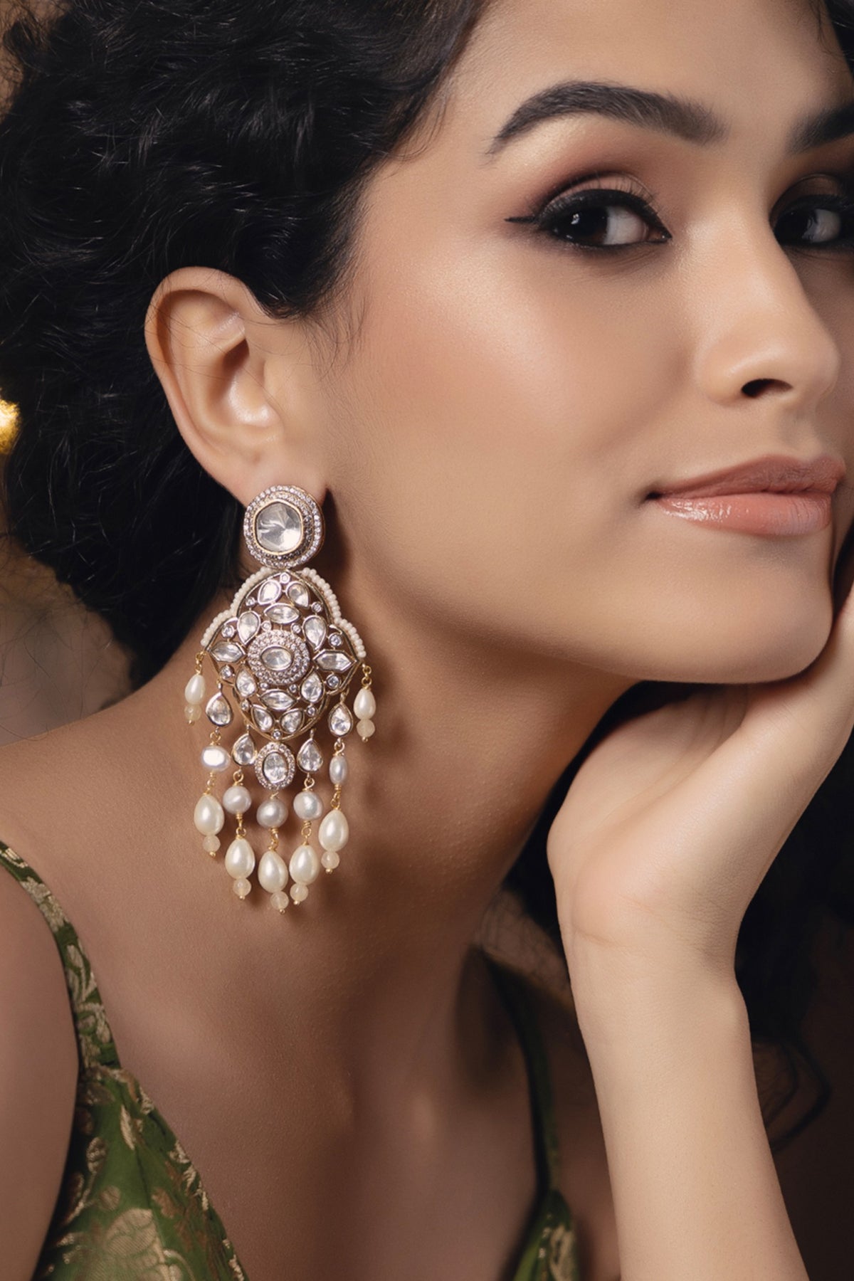 Gold Finish Kundan Polki & Pearl Dangler Earrings