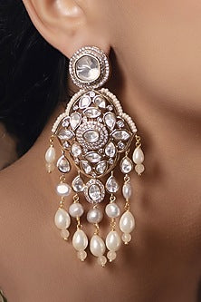 Gold Finish Kundan Polki & Pearl Dangler Earrings