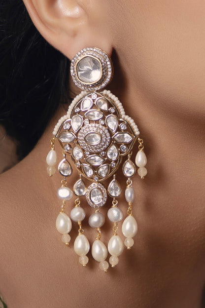 Gold Finish Kundan Polki & Pearl Dangler Earrings