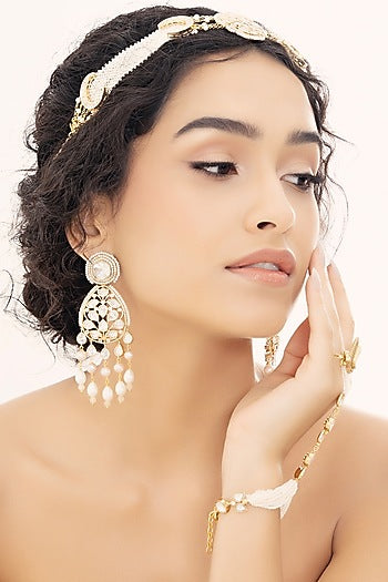 Gold Finish Kundan Polki & Pearl Dangler Earrings