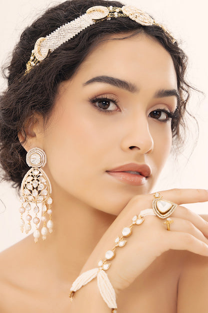 Gold Finish Kundan Polki & Pearl Dangler Earrings