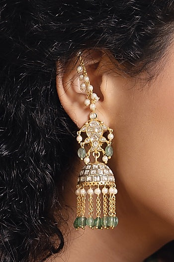 Gold Finish Kundan Polki & Pearl Dangler Earrings