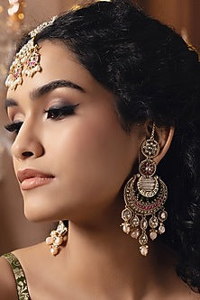 Gold Finish Kundan Polki & Pearl Chandbali Earrings