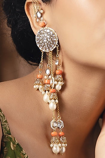 Gold Finish Kundan Polki & Pearl Dangler Earrings