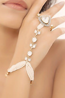 Yellow Gold Finish Kundan Polki & Pearl Hand Harness