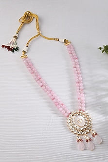 Gold Finish Pink Kundan Polki Beaded Necklace