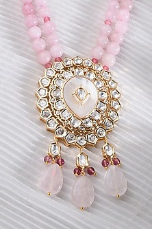 Gold Finish Pink Kundan Polki Beaded Necklace