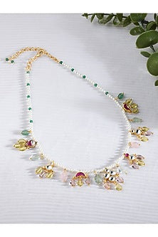Gold Finish Pearl & Multi-Colored Jade Beaded Necklace