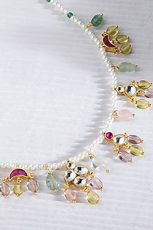 Gold Finish Pearl & Multi-Colored Jade Beaded Necklace