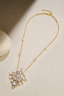 Gold Finish Kundan Polki & Pearl Pendant Necklace