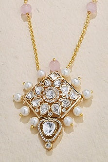 Gold Finish Kundan Polki & Pearl Pendant Necklace