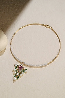 Gold Finish Pink & Green Polki Stone Wired Necklace