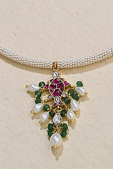 Gold Finish Pink & Green Polki Stone Wired Necklace
