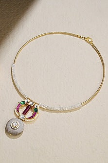 Gold Finish Pearl & Stone Accent Wired Necklace