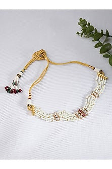 Gold Finish Pearl & Pink Stone Layered Necklace