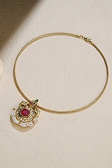 Gold Finish Pearl & Temple Embellished Pendant Necklace