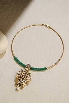 Gold Finish Green Beaded Wire Necklace