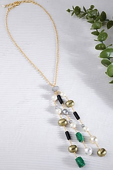 Gold Finish Golden & Black Pearl Chain Necklace