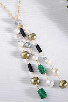 Gold Finish Golden & Black Pearl Chain Necklace