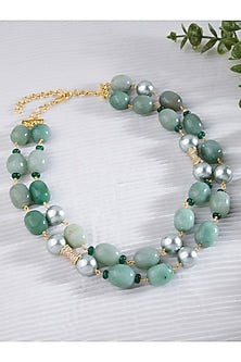 Gold Finish Green Jade Stone & Pearl Collar Necklace