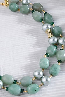 Gold Finish Green Jade Stone & Pearl Collar Necklace