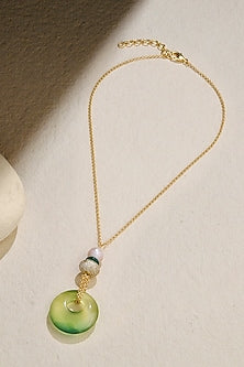 Gold Finish Green Jade Stone Donut Shaped Pendant Necklace