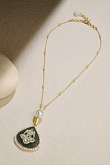 Gold Finish Green Stone & Pearl Necklace
