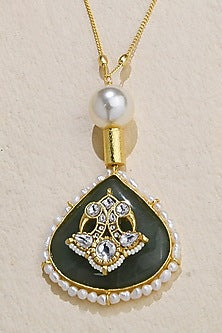 Gold Finish Green Stone & Pearl Necklace