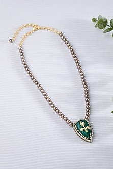Gold Finish Green Stone & Copper Beaded Pendant Necklace