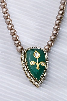 Gold Finish Green Stone & Copper Beaded Pendant Necklace