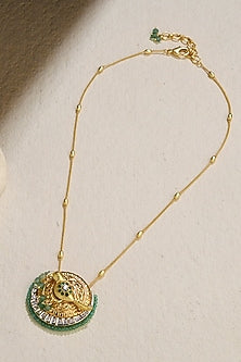Gold Finish Green Beaded Pendant Necklace