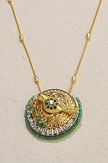 Gold Finish Green Beaded Pendant Necklace