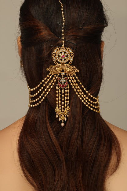 Gold Finish Brass Ravika Hair Brooch With Chain