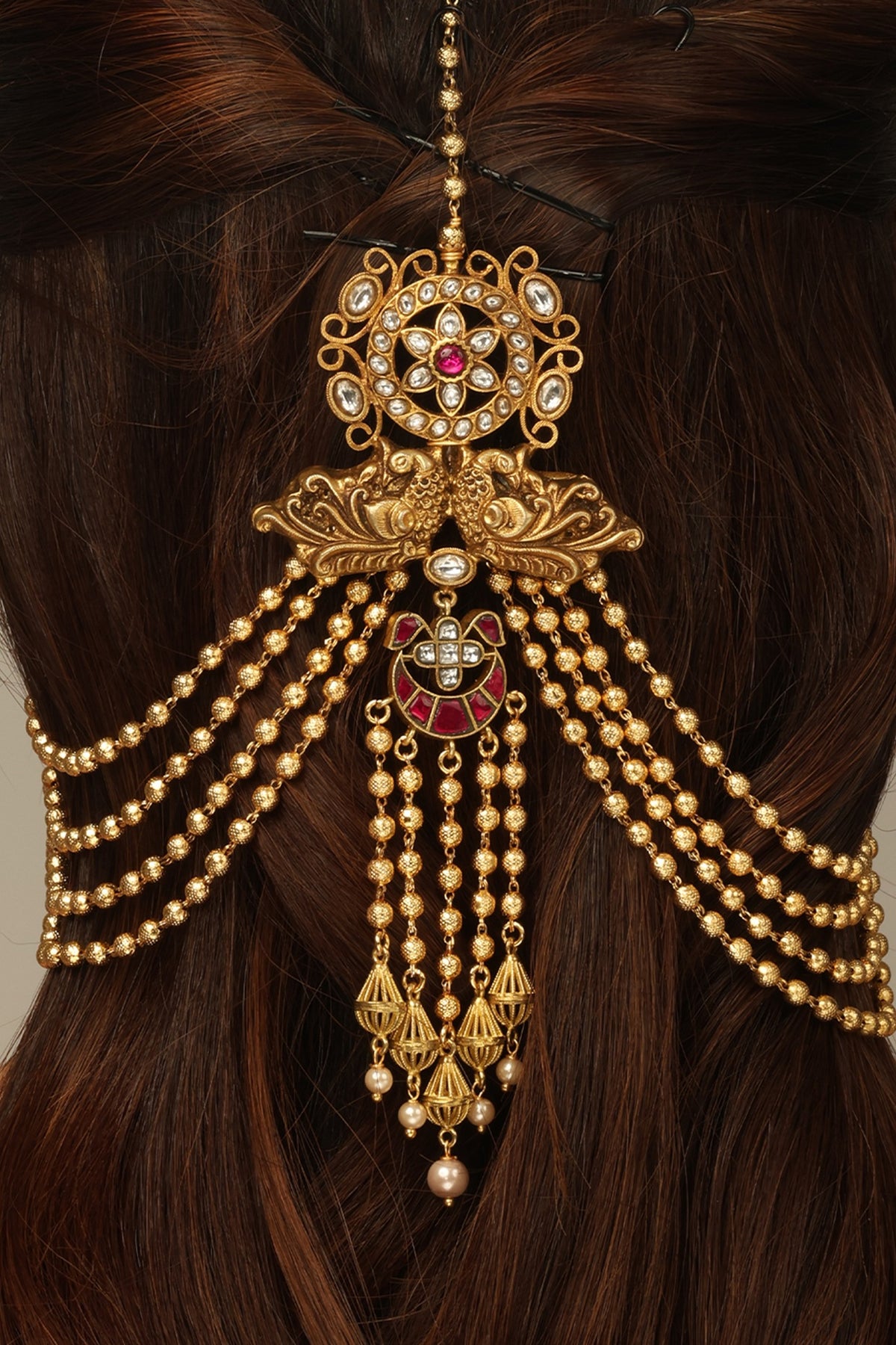 Gold Finish Brass Ravika Hair Brooch With Chain