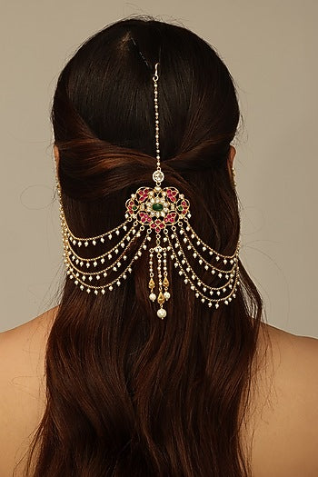 Gold Finish Brass Tanishvi Hair Brooch With Chain