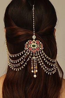 Gold Finish Brass Tanishvi Hair Brooch With Chain