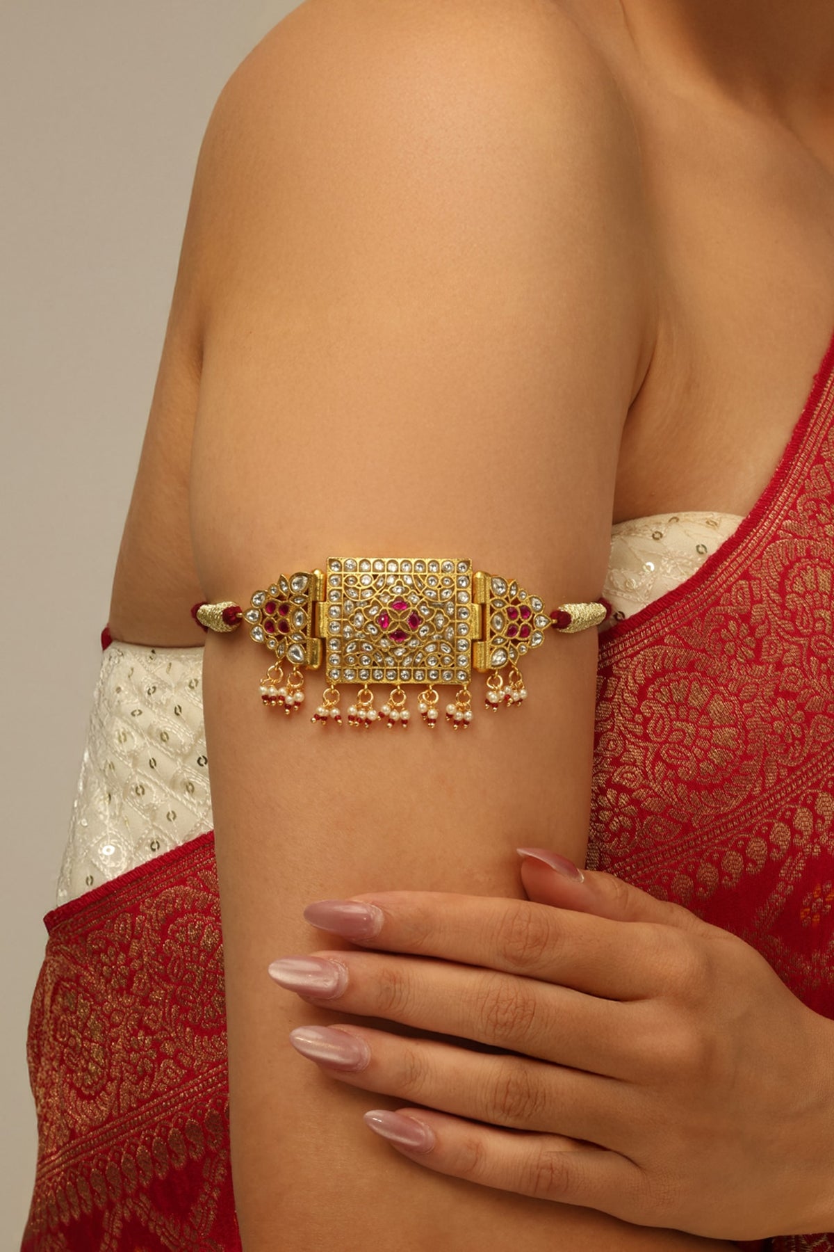 Gold Finish Kundan Polki & Red Stone Rayna Armlet