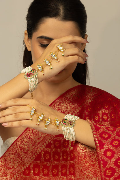 Gold Finish Kundan Polki & White Beaded Zavira Haathphool