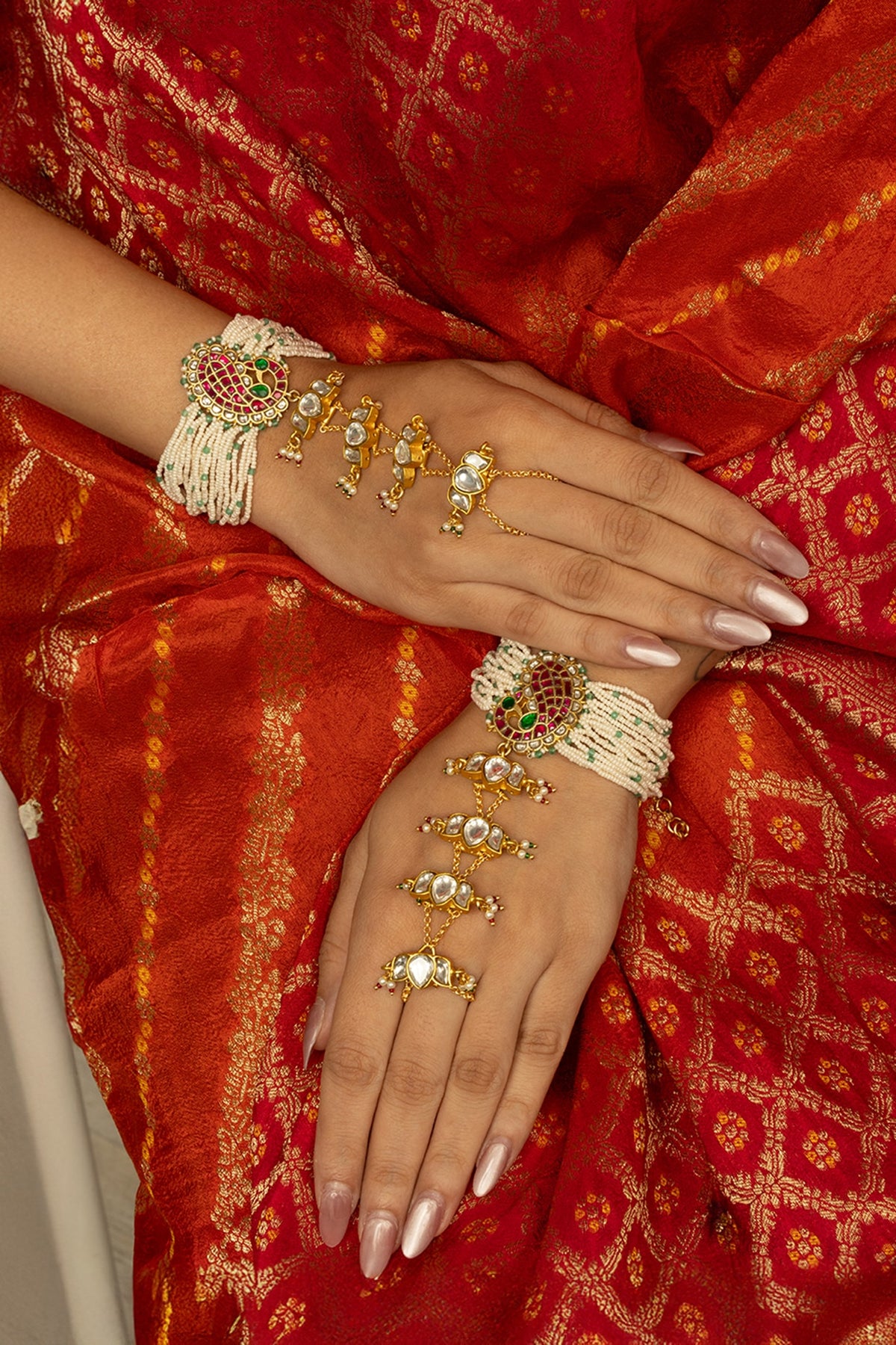 Gold Finish Kundan Polki & White Beaded Zavira Haathphool